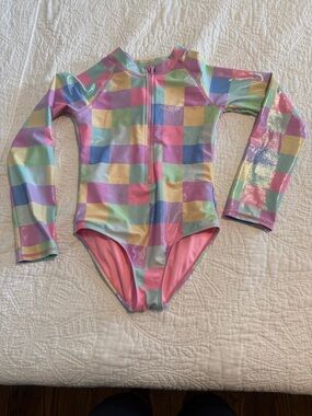 Girls Pastel Checkered Long Sleeve Leotard - Pastel Multicolor